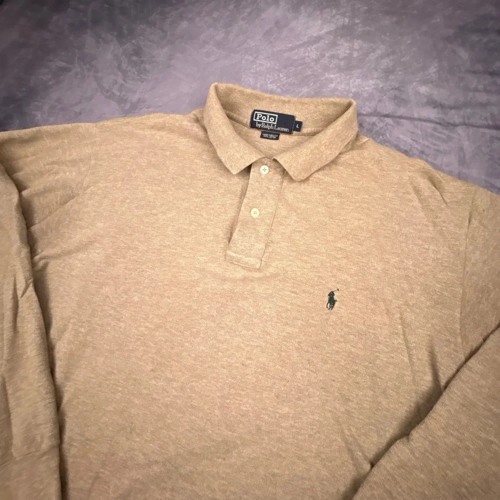 Polo Ralph Lauren Long‎ Sleeve Polo Shirt Mens L Tan Heather Pique Vintage Y2K